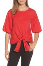 Women's Gibson Bubble Sleeve Tie Front Top - Red