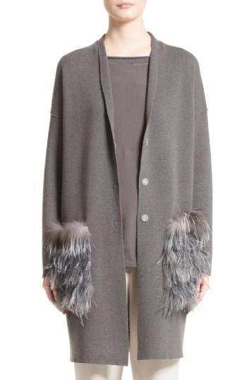 Women's Fabiana Filippi Wool, Silk & Cashmere Cardigan With Genuine Fox Fur & Ostrich Feather Trim Us / 42 It - Grey