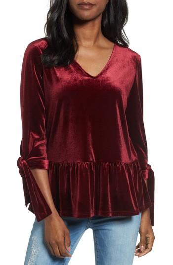 Petite Women's Halogen Tie Sleeve Velvet Top, Size P - Burgundy