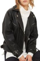 Women's Topshop Teddy Oversize Leather Biker Jacket Us (fits Like 0-2) - Black