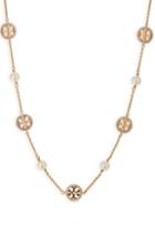 Women's Tory Burch Imitation Pearl & Crystal Delicate Station Necklace