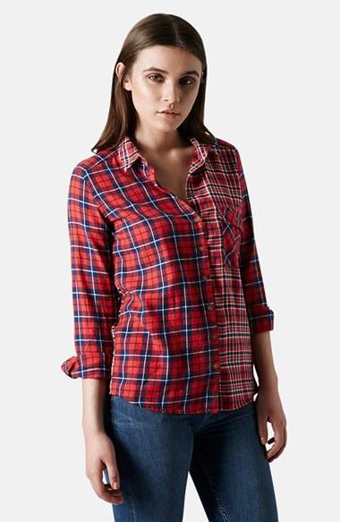 Topshop 'lenka' Mixed Plaid Shirt Red