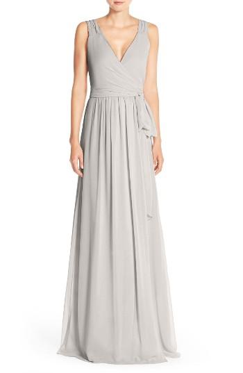 Women's Ceremony By Joanna August 'newbury' Gathered Sleeve Chiffon Wrap Gown, Size - Grey