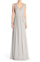 Women's Ceremony By Joanna August 'newbury' Gathered Sleeve Chiffon Wrap Gown, Size - Grey