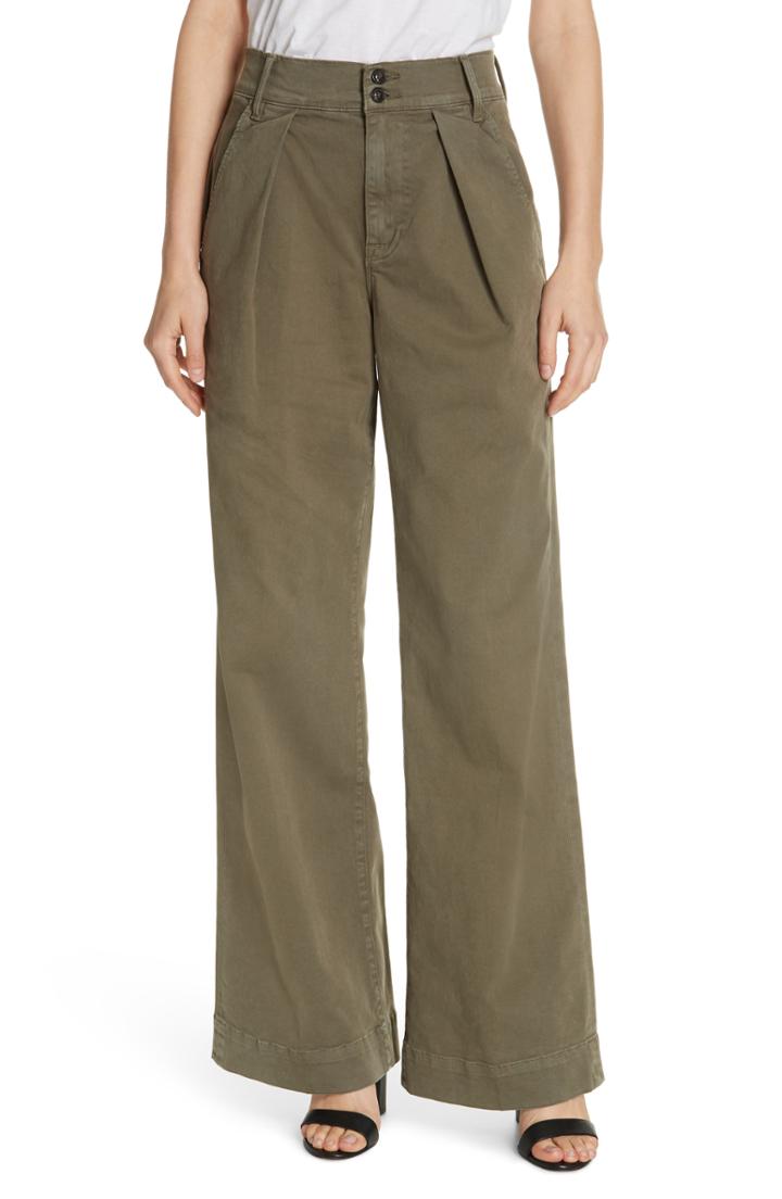 Women's Frame Pleated Wide Leg Twill Trousers - Green