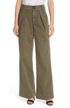 Women's Frame Pleated Wide Leg Twill Trousers - Green