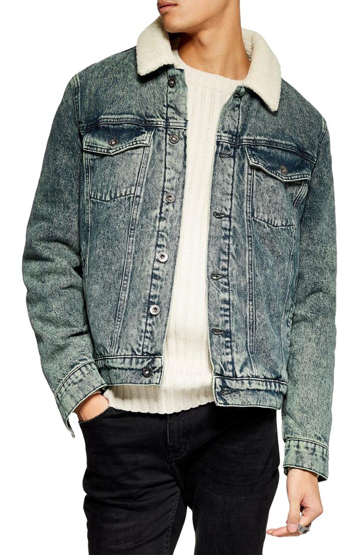 Men's Topman Acid Wash Faux Shearling Denim Jacket - Blue