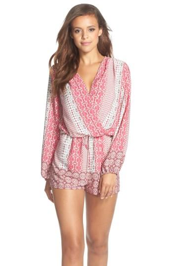 Women's Fraiche By J Print Long Sleeve Romper - Pink