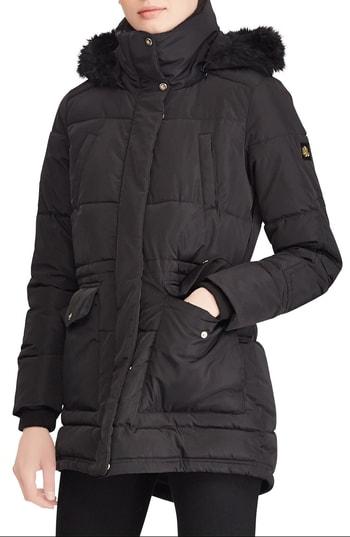 Women's Lauren Ralph Lauren Puffer Coat With Faux Fur Trim - Black