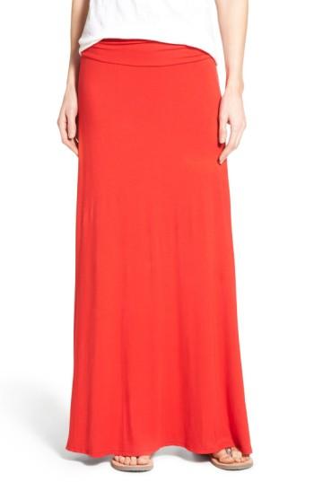 Petite Women's Bobeau Ruched Waist Side Slit Maxi Skirt P - Red