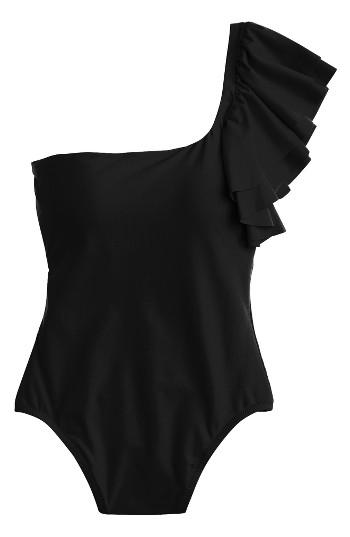 Women's J.crew Ruffle One-shoulder One-piece Swimsuit - Black