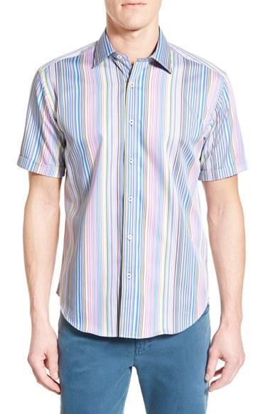 Men's Bugatchi Shaped Fit Stripe Sport Shirt, Size - Red
