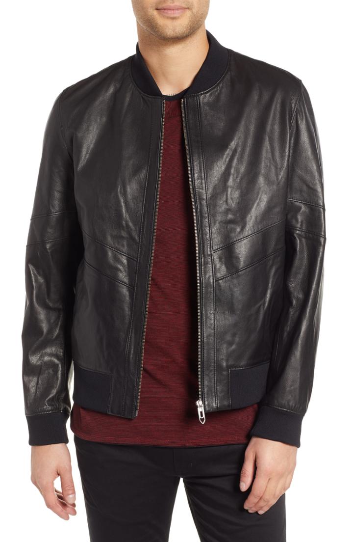 Men's Boss Lachlan Leather Bomber Jacket - Black