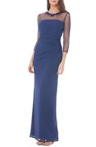 Women's Js Collections Embellished Illusion Shirred Jersey Gown - Blue