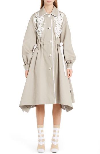 Women's Fendi Leather Applique Cotton Canvas Twill Coat