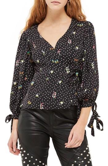 Women's Topshop Floral Balloon Sleeve Wrap Blouse Us (fits Like 2-4) - Black