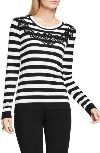 Petite Women's Vince Camuto Lace Trim Stripe Sweater, Size P - Black