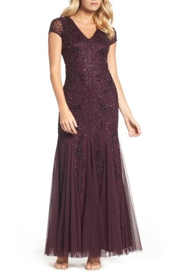 Women's Adrianna Papell Grid Floral Beaded Mesh Gown - Purple