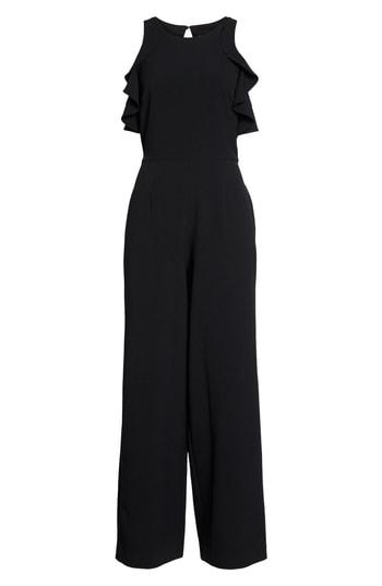 Women's Julia Jordan Crepe Ruffle Trim Wide Leg Jumpsuit - Black