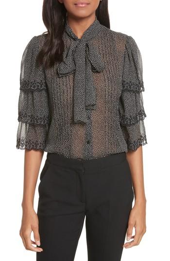 Women's La Vie Rebecca Taylor Tie Neck Tiered Sleeve Silk Blouse - Black