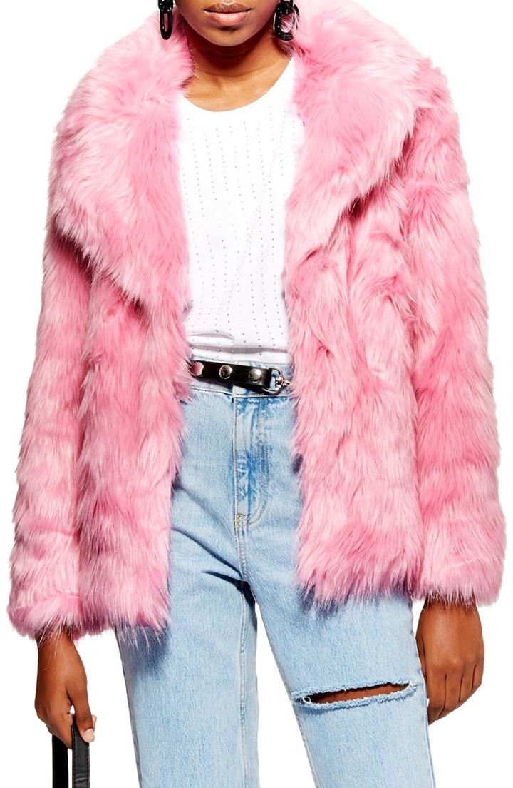 Women's Topshop Camille Hooded Faux Fur Coat Us (fits Like 0) - Pink