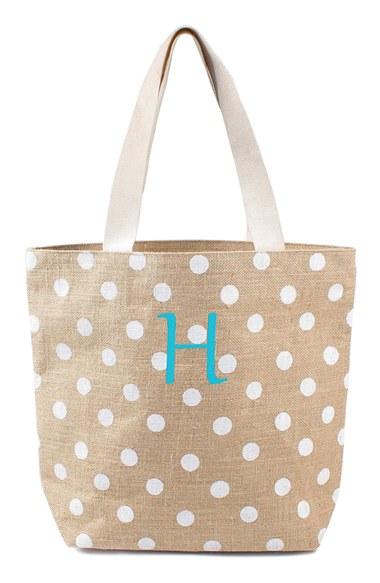 Cathy's Concepts Monogram Polka Dot Jute Tote - White