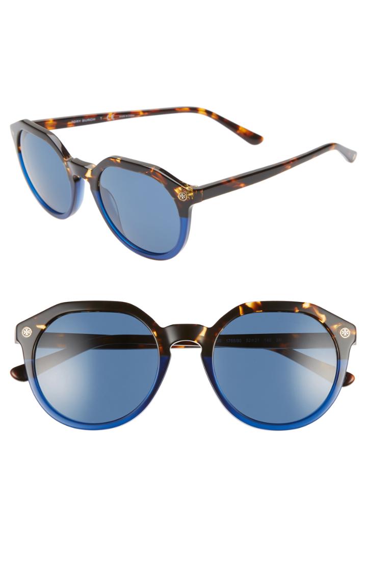 Women's Tory Burch 52mm Round Sunglasses - Tortoise/ Blue Solid