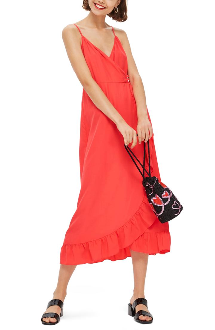 Women's Topshop Ruffle Midi Slipdress Us (fits Like 0) - Coral