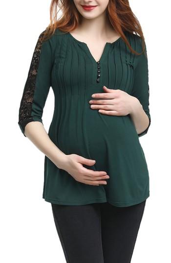 Women's Kimi And Kai Lucy Lace Accent Pleated Maternity Top - Green