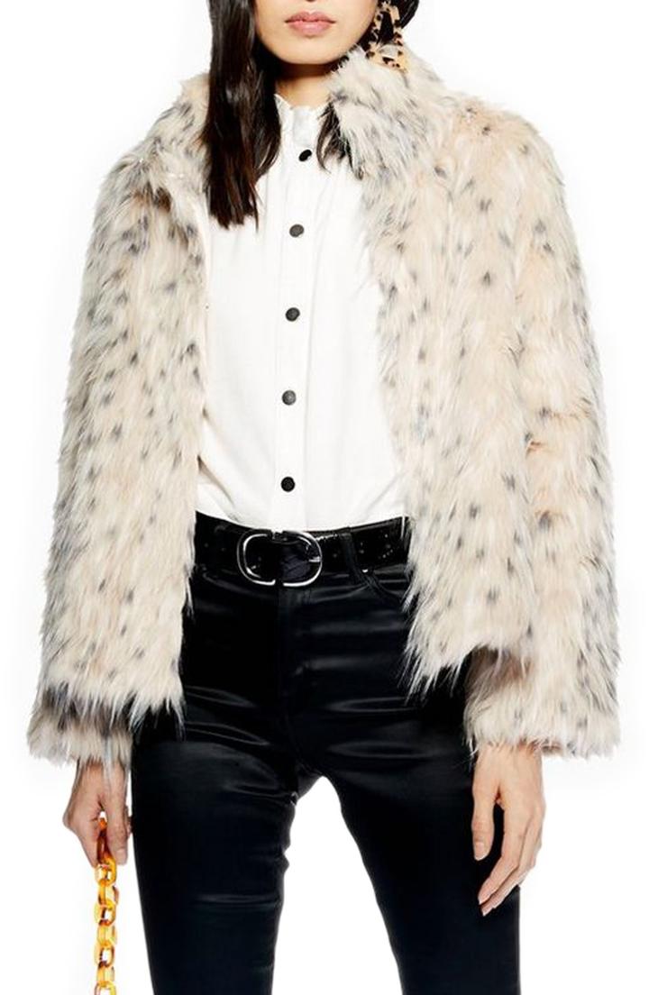 Women's Topshop Patsy Snow Leopard Faux Fur Jacket Us (fits Like 10-12) - Black