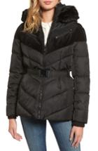 Women's Vince Camuto Belted Down & Feather Fill Coat With Faux Fur Trim Hood - Black