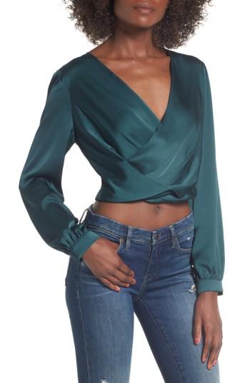 Women's Astr The Label Satin Crop Faux Wrap Top - Blue/green