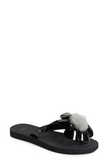 Women's Ugg Poppy Genuine Shearling Pompom Flip Flop M - Black