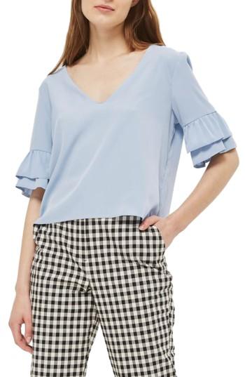 Women's Topshop Tie Back Ruffle Sleeve Top Us (fits Like 0-2) - Blue