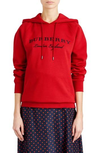Women's Burberry Krayford Embroidered Cotton Blend Hoodie - Red