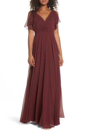 Women's Jenny Yoo Cassie Flutter Sleeve Chiffon A-line Gown - Red