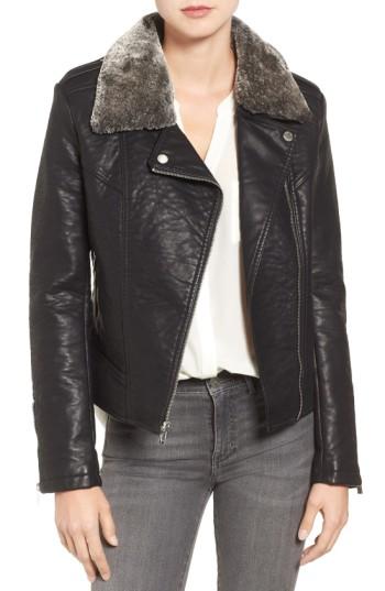 Women's Rachel Roy Faux Leather Jacket With Faux Fur Trim - Black