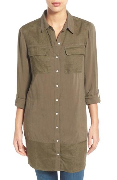 Women's Caslon Mixed Media Roll Sleeve Tunic - Green