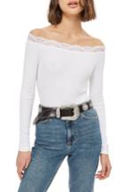 Women's Topshop Lace Trim Off The Shoulder Bodysuit Us (fits Like 0) - White