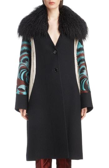 Women's Dries Van Noten Mixed Print Coat With Removable Faux Fur Collar - Black