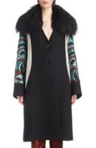 Women's Dries Van Noten Mixed Print Coat With Removable Faux Fur Collar - Black