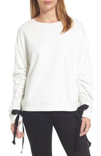 Women's Halogen Ruched Tie Sleeve Sweatshirt - Ivory