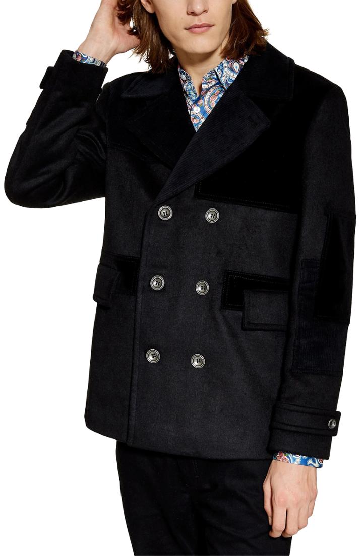 Men's Topman Patchwork Peacoat - Black
