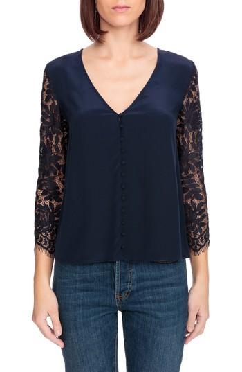 Women's Sezane April Lace Sleeve Silk Blouse Us / 42 Fr - Blue