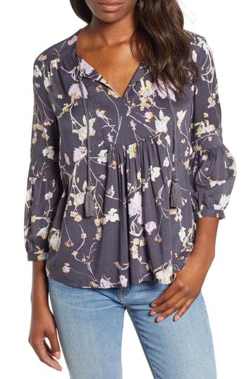 Petite Women's Caslon Print Split Neck Boho Top, Size P - Grey