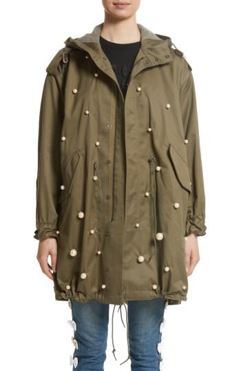 Women's Tu Es Mon Tresor Big Imitation Pearl Embellished Satin Fishtail Parka