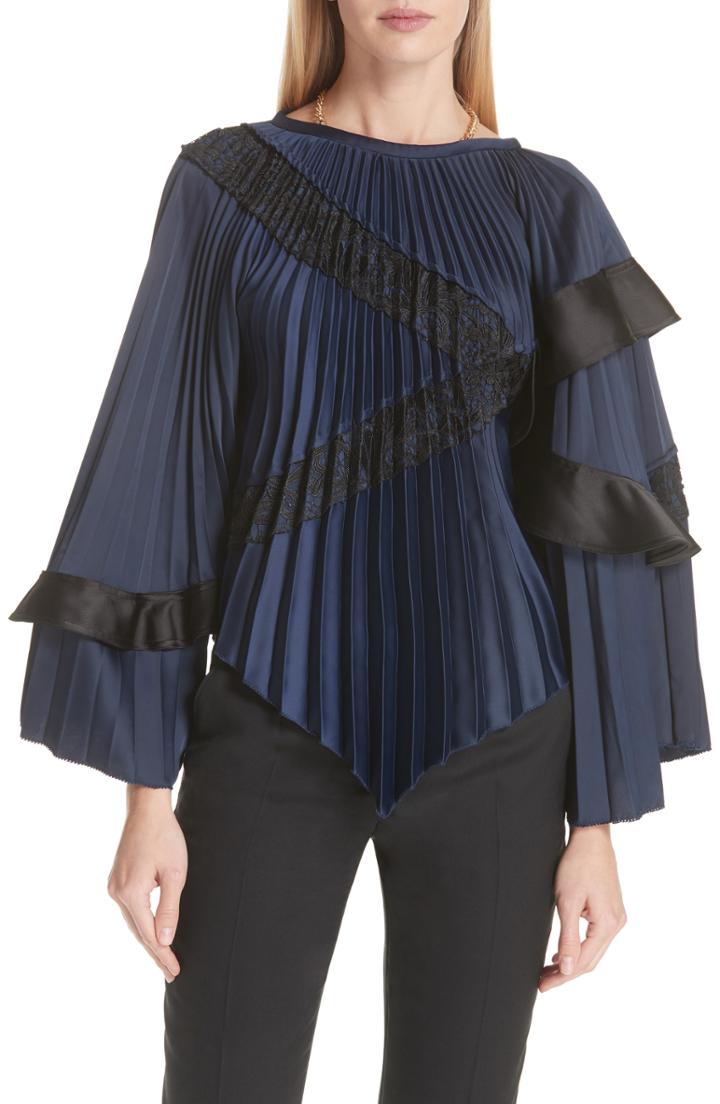 Women's Self-portrait Lace Trim Pleated Satin Blouse