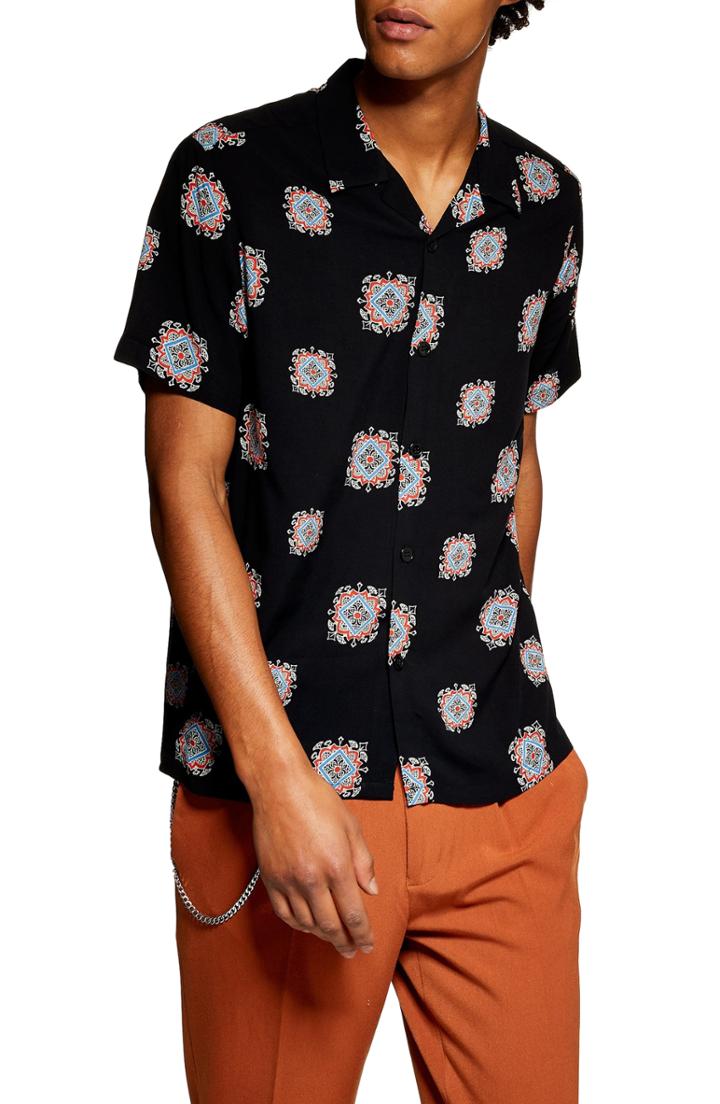 Men's Topman Geometric Print Shirt - Black