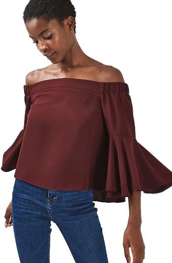 Women's Topshop Ella Off The Shoulder Top Us (fits Like 0) - Burgundy