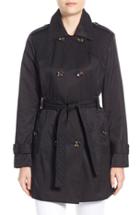 Women's London Fog Quilt Detail Double Breasted Trench Coat - Black